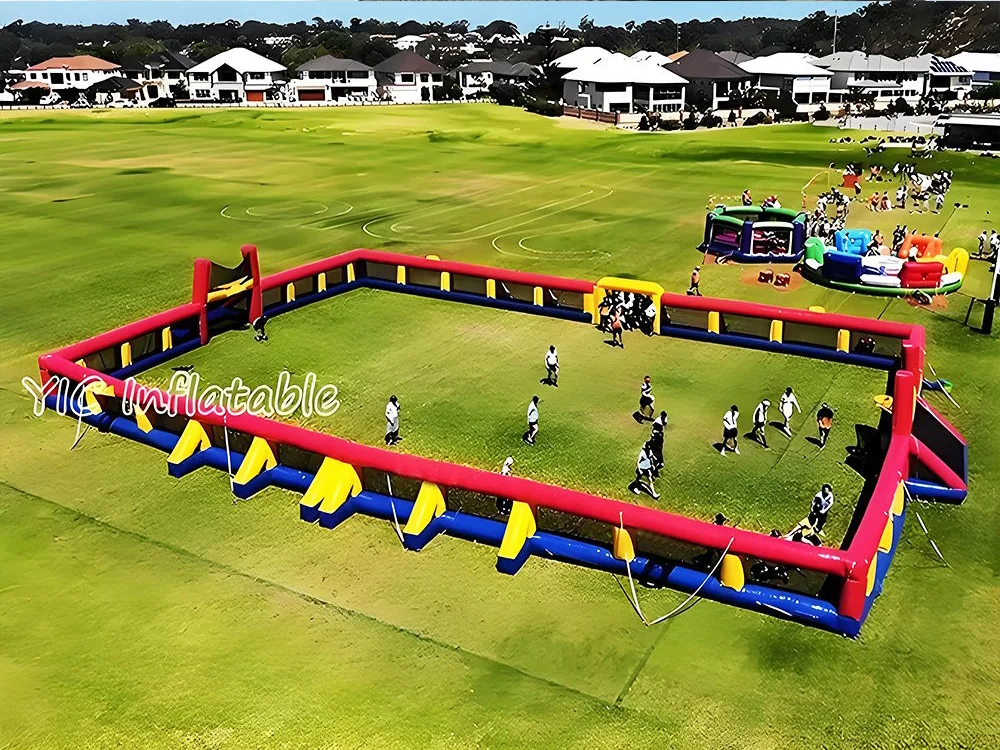 Inflatable soccer field and interactive sports game for commercial rental in Peru