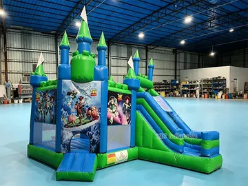 Commercial Blue Printed Castle Bounce House side view