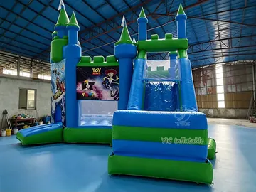 Commercial Blue Printed Castle Bounce House detail view