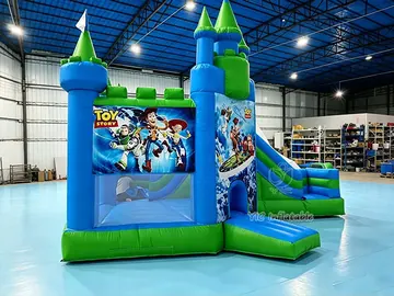 Commercial Blue Printed Castle Bounce House commercial attraction view