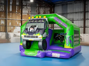 dinosaur themed inflatable bounce-and-slide attraction detail view