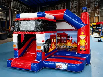 Firefighter Inflatable Bounce House Combo with Slide play layout