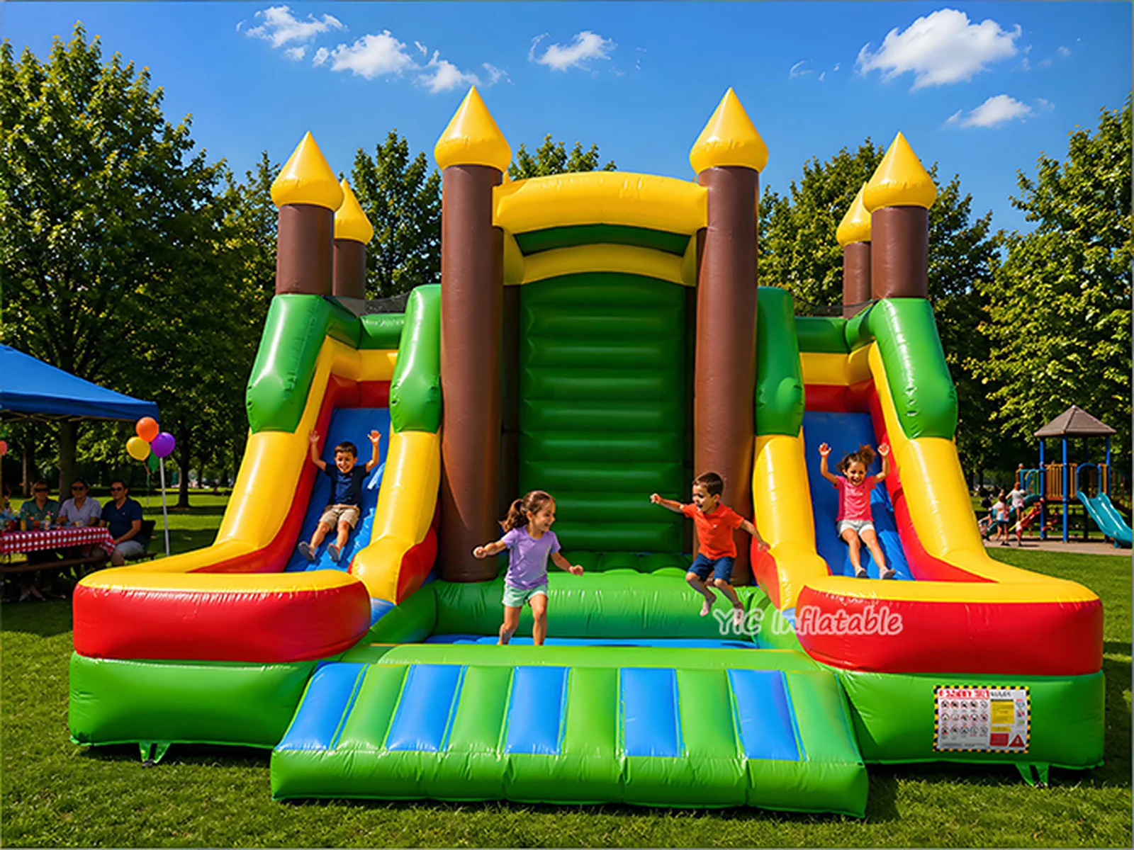Green Castle Bounce House Combo with Dual Slides front view