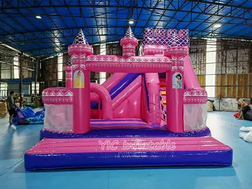 Commercial Pink Castle Bounce House with Slide front view
