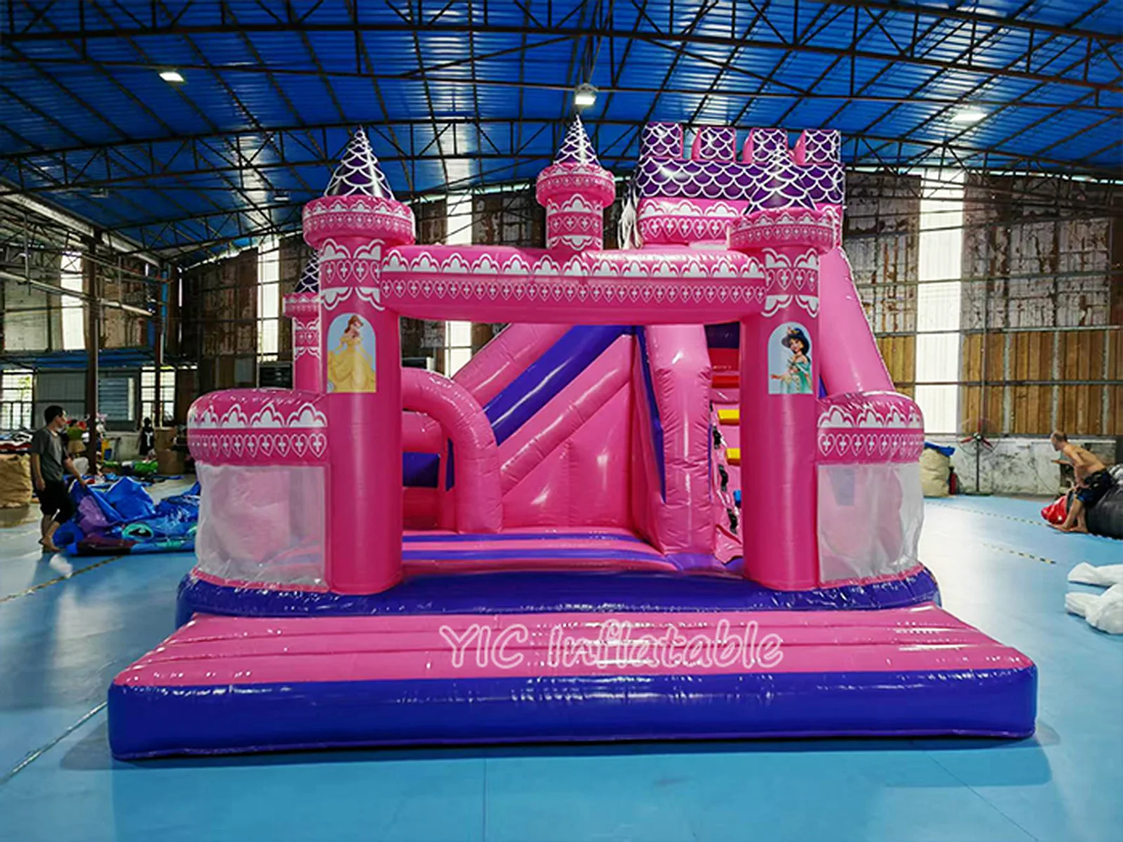 Commercial Pink Castle Bounce House with Slide front view