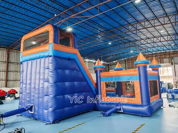 rainbow themed inflatable bounce-and-slide attraction detail view