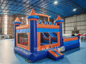 rainbow themed inflatable bounce-and-slide attraction detail view