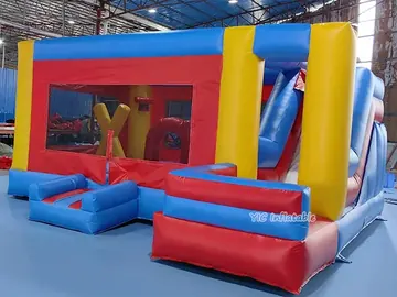 Red and Blue Bounce House with Slide front view