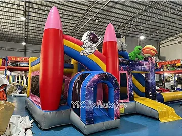 rocket themed inflatable bounce-and-slide attraction detail view
