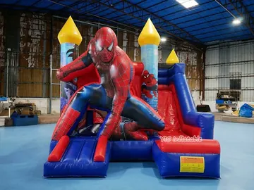 spiderman themed inflatable bounce-and-slide attraction rear view