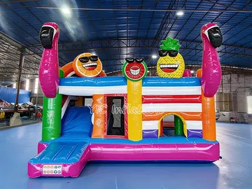 tropical themed inflatable bounce-and-slide attraction rear view