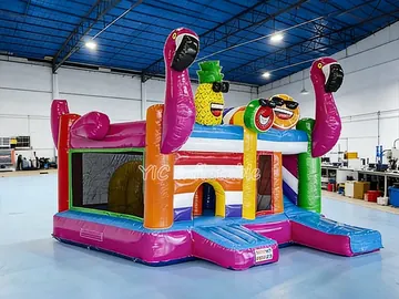 tropical themed inflatable bounce-and-slide attraction detail view