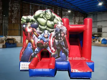 superhero themed inflatable bounce-and-slide attraction rear view