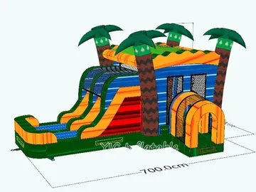 tropical themed inflatable bounce-and-slide attraction detail view