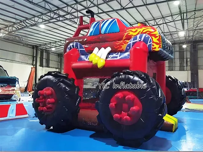 monster truck themed inflatable jumper front view