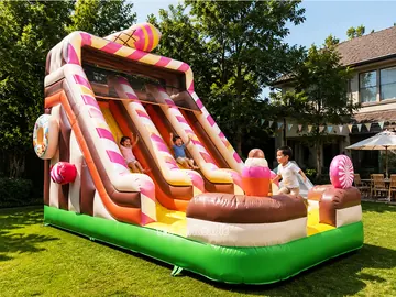 candy themed standalone inflatable slide rear view