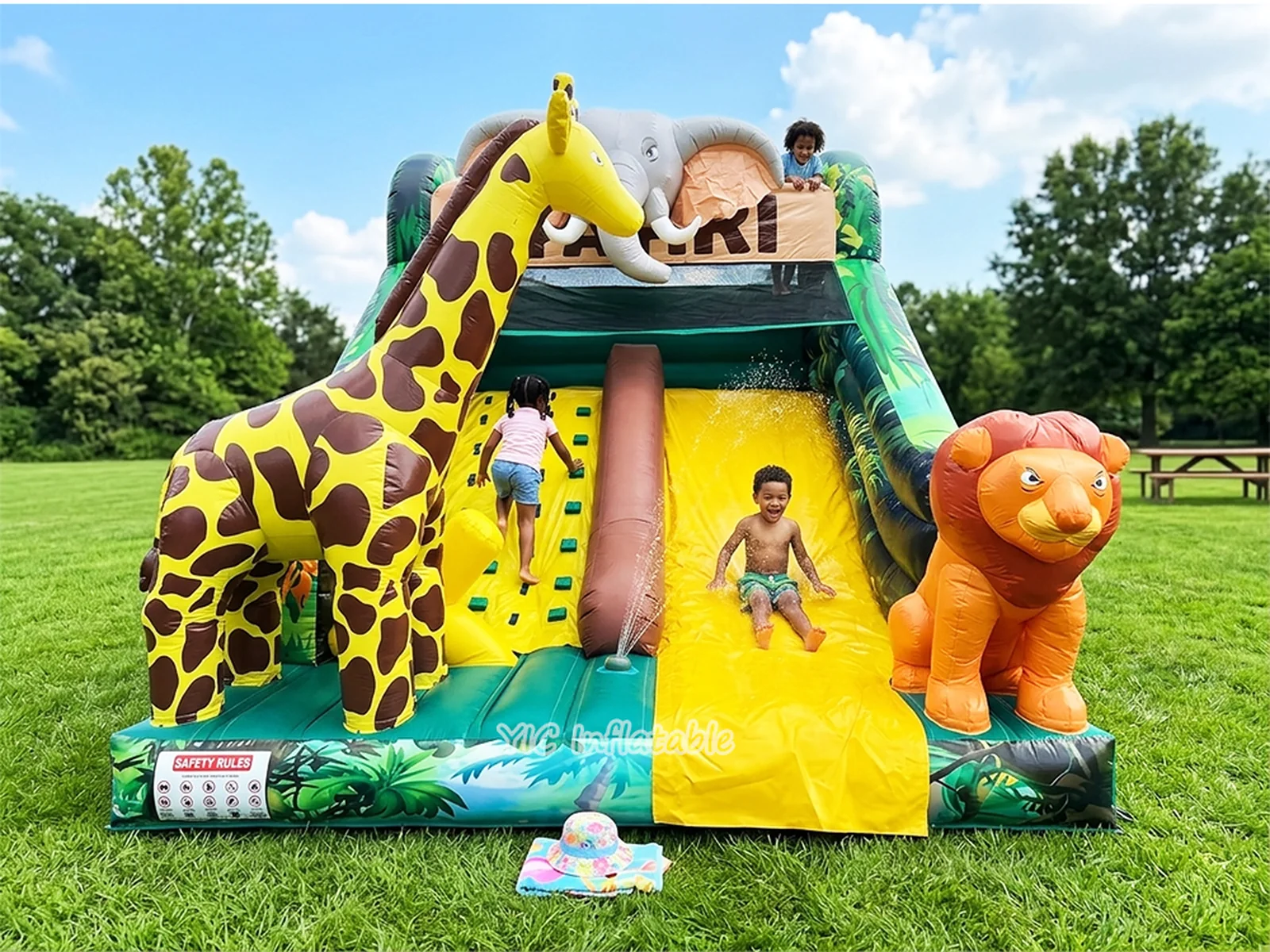 jungle themed standalone inflatable slide front view