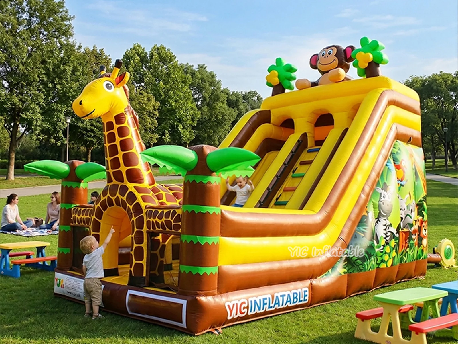 safari themed standalone inflatable slide front view