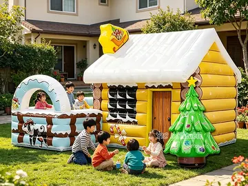 gingerbread themed air-supported event tent rear view