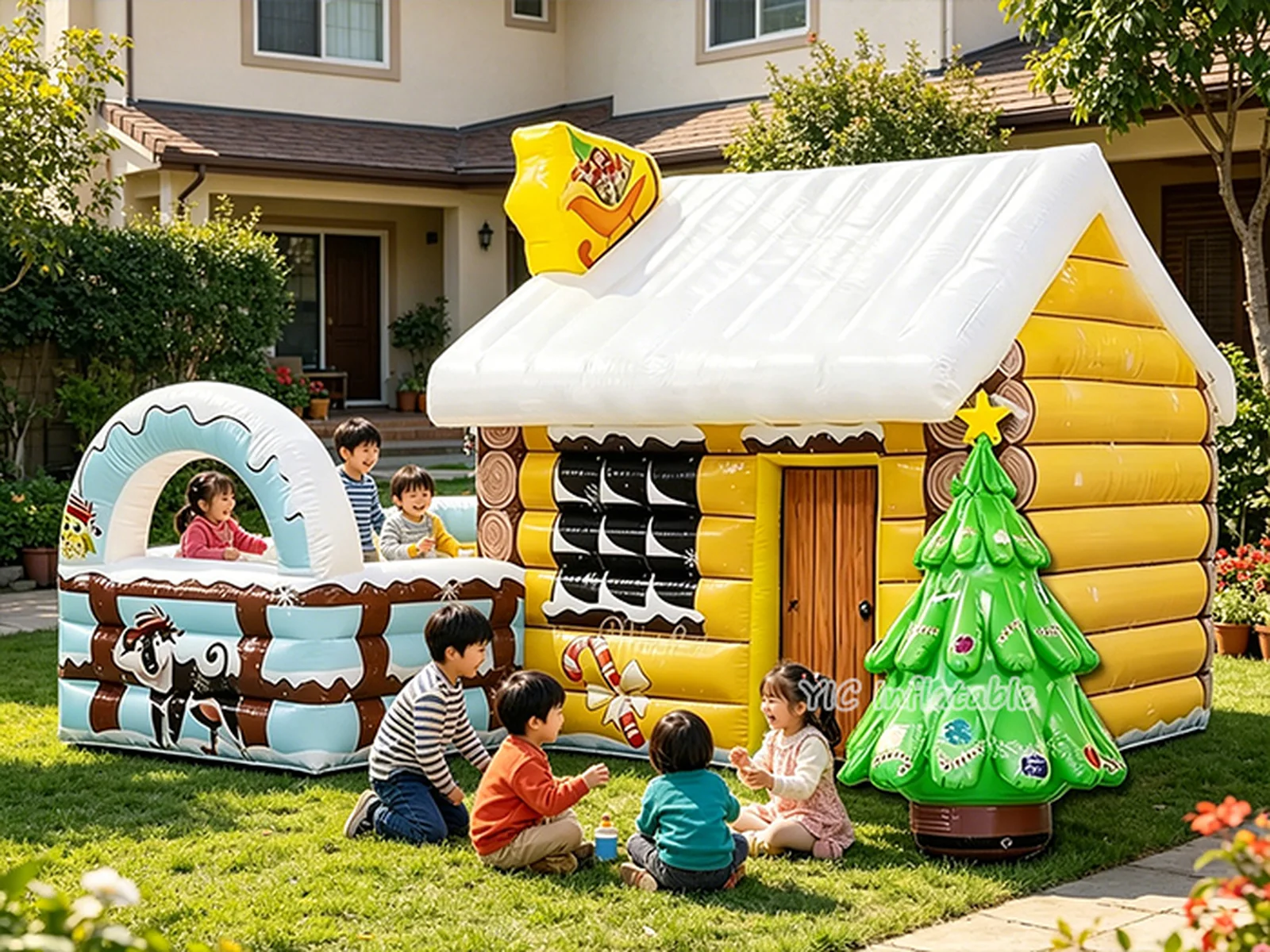 gingerbread themed air-supported event tent front view