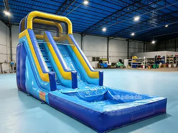 Blue Yellow Water Trampoline Slide side slide view