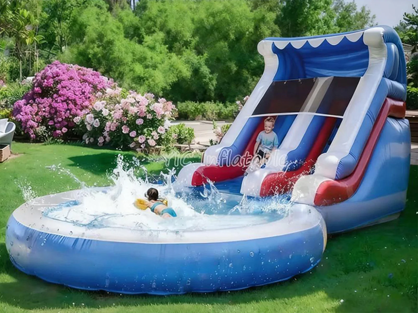 Red White and Blue Inflatable Water Slide side view