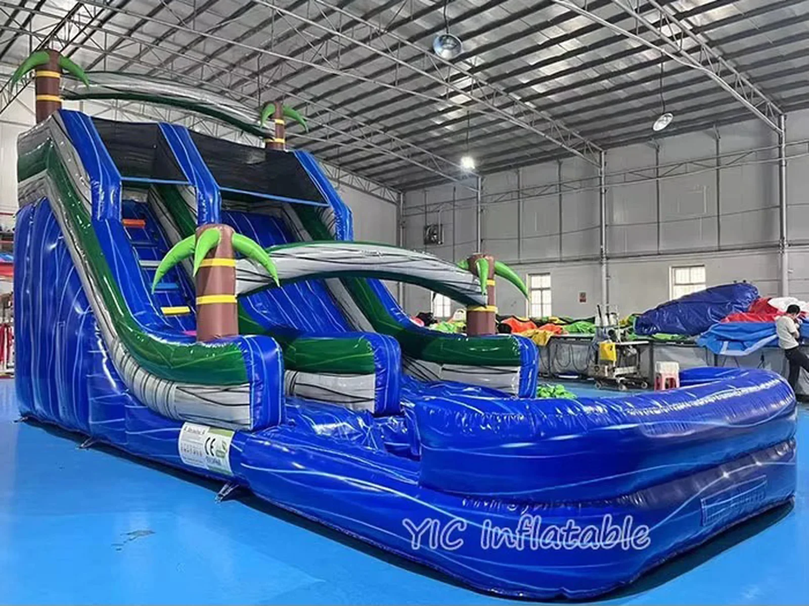 Blue Palm Tree Inflatable Water Slide front product view