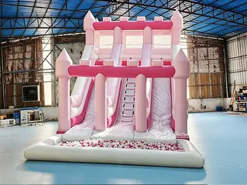 pink castle splash-pool inflatable water slide rear view