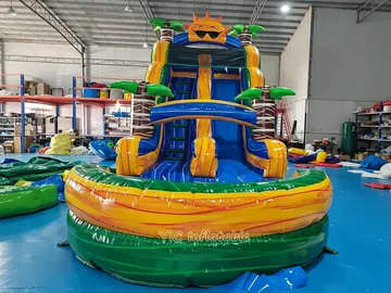 tropical dual-lane inflatable water slide rear view