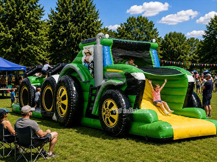 monster truck themed inflatable challenge course front view