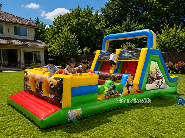 panda themed inflatable challenge course front view
