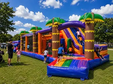 tropical themed inflatable challenge course rear view