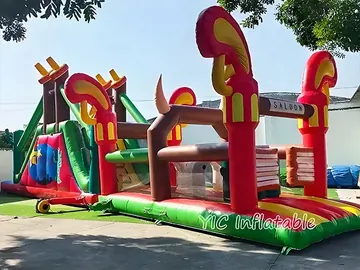 cowboy themed inflatable challenge course detail view