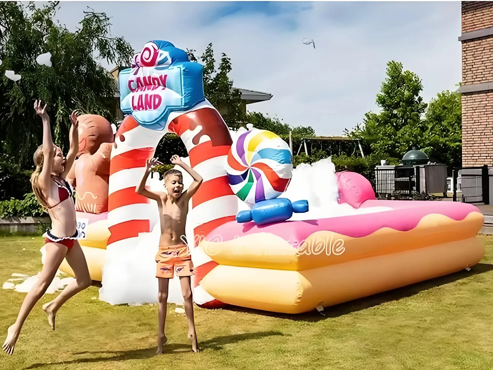 candy themed interactive inflatable sports game front view