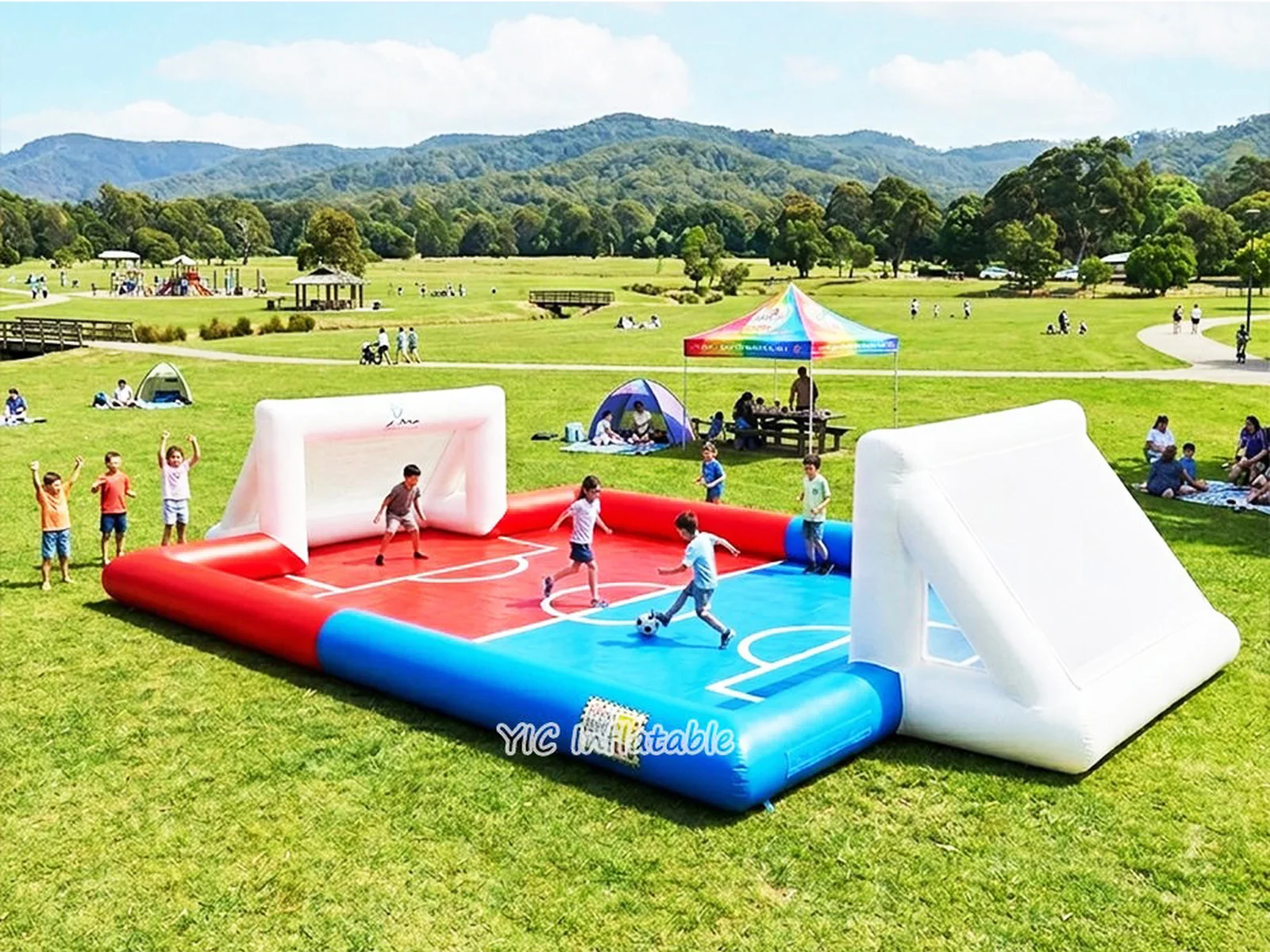 soccer themed interactive inflatable sports game front view