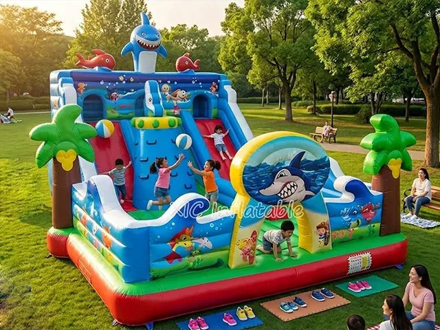 Large dinosaur themed inflatable park attraction supplied by YIC